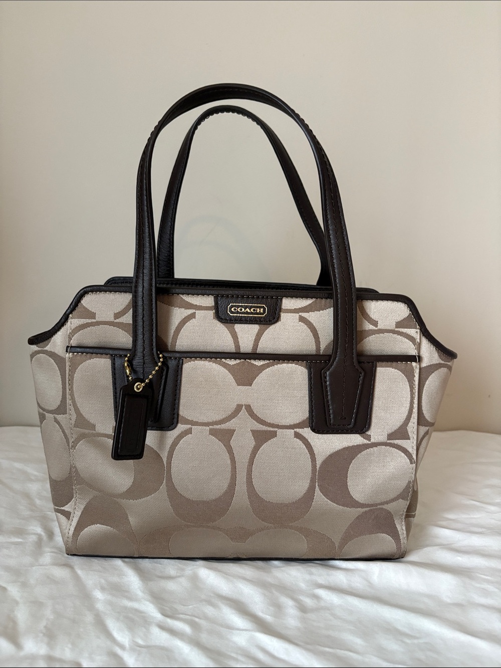 Coach Beige Signature Canvas Tote with Dark Brown Trim
